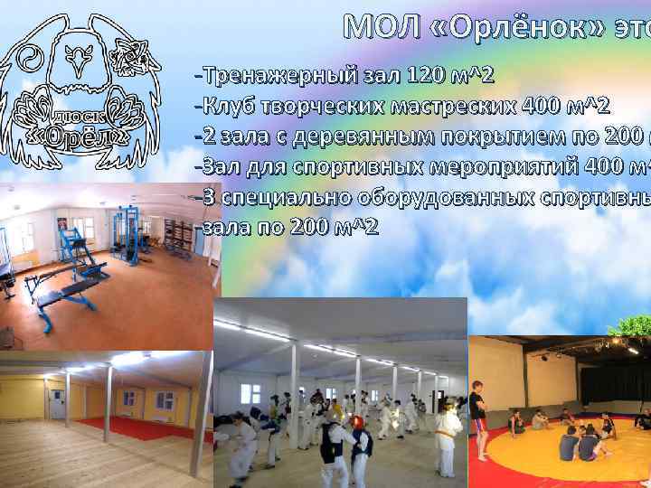 МОЛ «Орлёнок» это -Тренажерный зал 120 м^2 -Клуб творческих мастреских 400 м^2 -2 зала