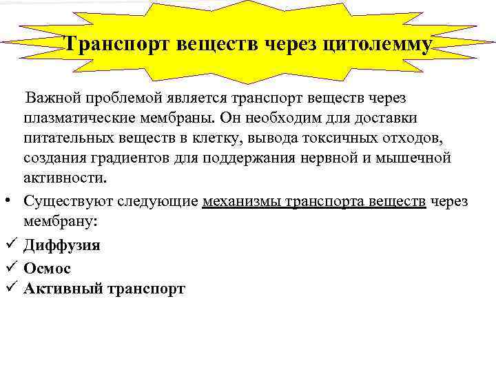 Транспорт веществ через цитолемму Важной проблемой является транспорт веществ через плазматические мембраны. Он необходим