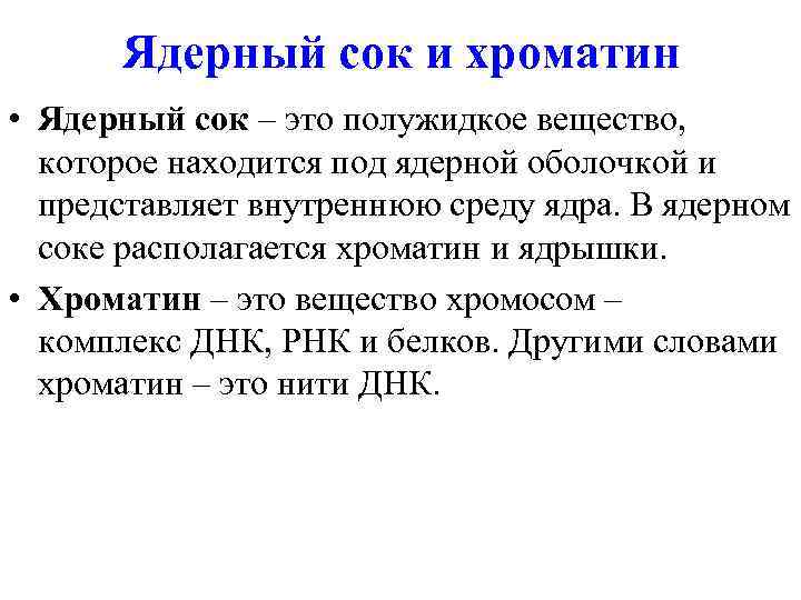 Ядерный сок и хроматин • Ядерный сок – это полужидкое вещество, которое находится под