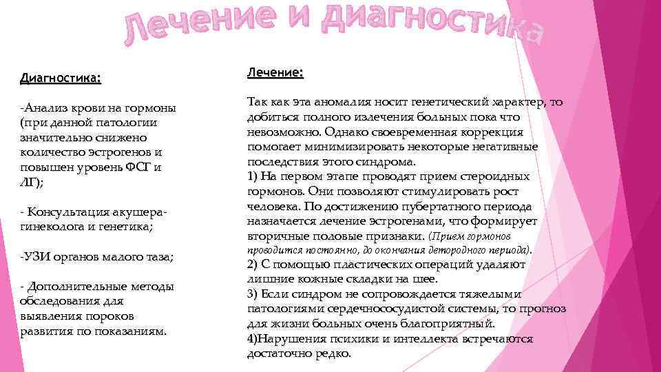 Диагностика: Лечение: -Анализ крови на гормоны (при данной патологии значительно снижено количество эстрогенов и