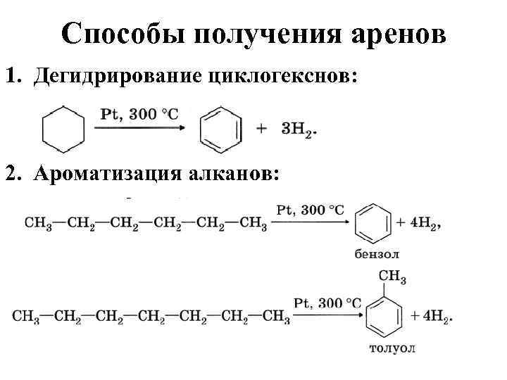 Способы получения аренов 1. Дегидрирование циклогекснов: 2. Ароматизация алканов: 