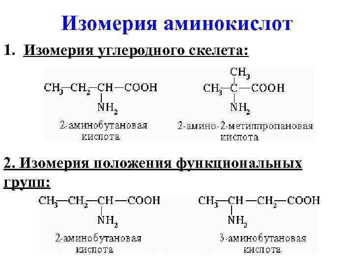 Виды изомерии изомерия углеродного скелета. Структурная и пространственная изомерия аминокислот. Типы изомерии аминокислот. Изомерия положения функциональной группы аминокислот. Изомеры аминокислот примеры.