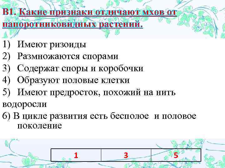 В 1. Какие признаки отличают мхов от папоротниковидных растений. 1) Имеют ризоиды 2) Размножаются