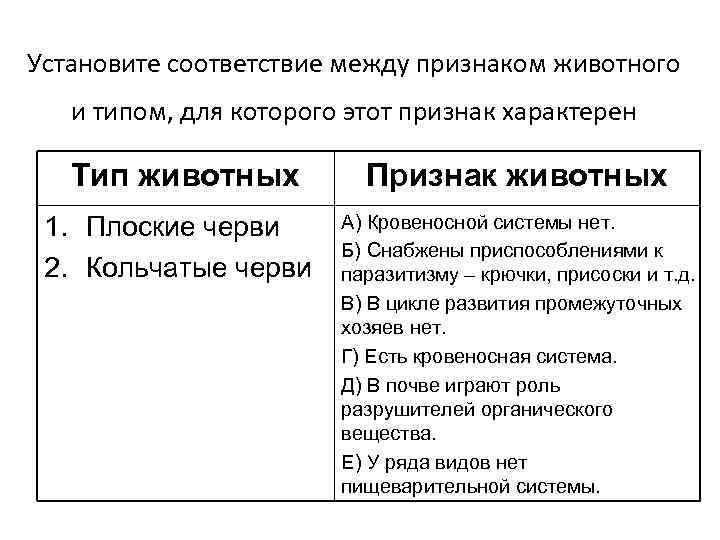 Установите соответствие между признаком животного и типом, для которого этот признак характерен Тип животных