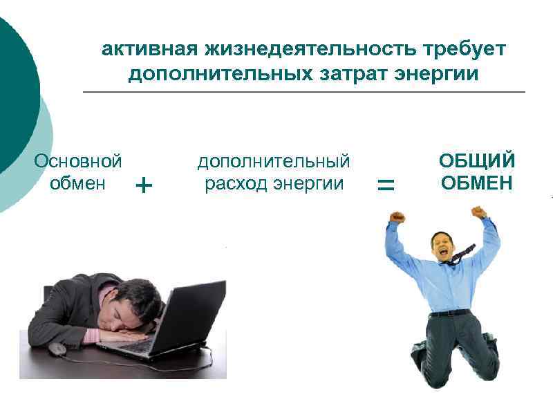 активная жизнедеятельность требует дополнительных затрат энергии Основной обмен + дополнительный расход энергии = ОБЩИЙ