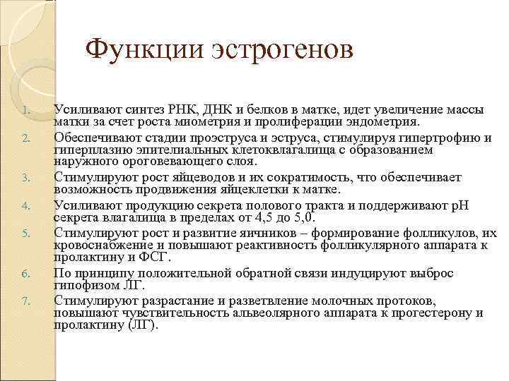 Функции эстрогенов 1. 2. 3. 4. 5. 6. 7. Усиливают синтез РНК, ДНК и