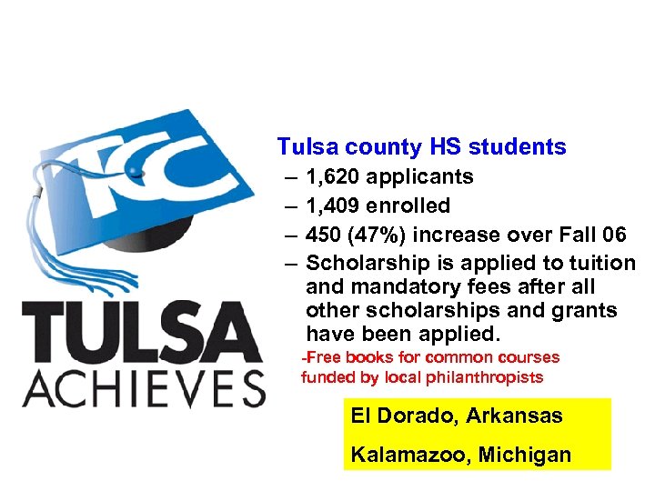  • Tulsa county HS students – – 1, 620 applicants 1, 409 enrolled