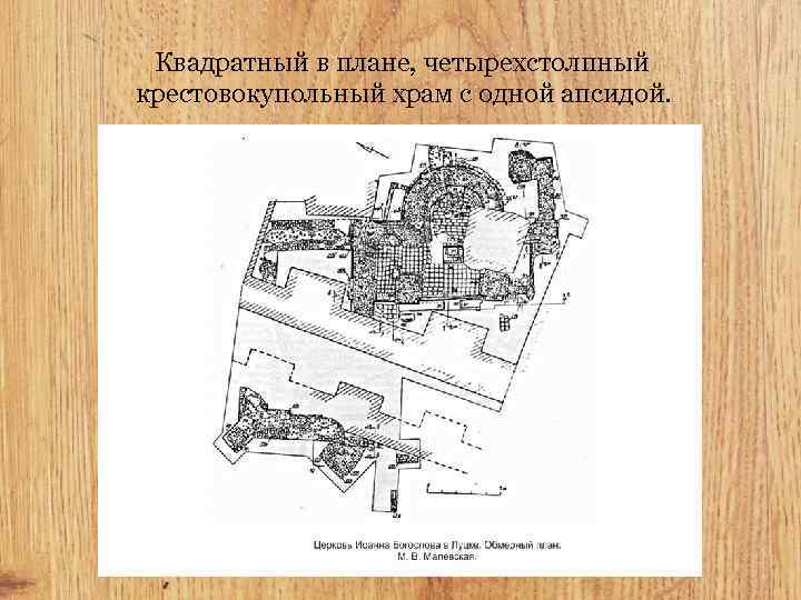 Квадратный в плане, четырехстолпный крестовокупольный храм с одной апсидой. 