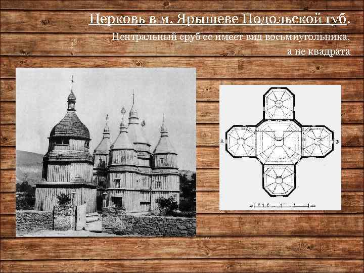 Церковь в м. Ярышеве Подольской губ. Центральный сруб ее имеет вид восьмиугольника, а не