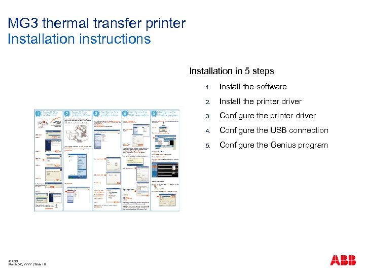 MG 3 thermal transfer printer Installation instructions Installation in 5 steps 1. 2. Configure