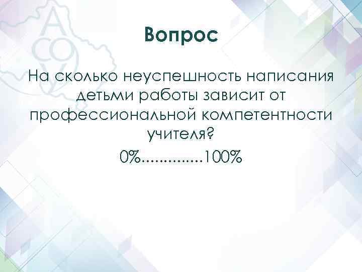 Вопрос На сколько неуспешность написания детьми работы зависит от профессиональной компетентности учителя? 0%. .