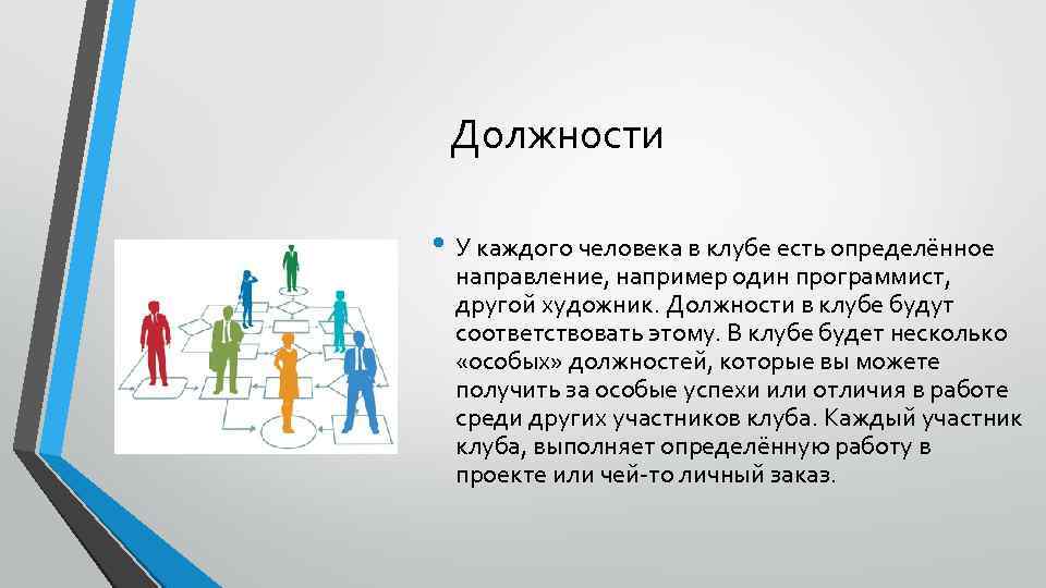 Должности • У каждого человека в клубе есть определённое направление, например один программист, другой