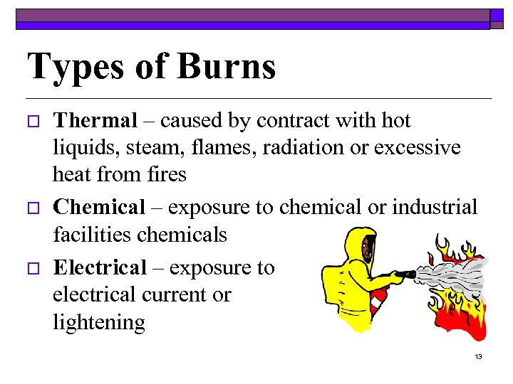 Types of Burns o o o Thermal – caused by contract with hot liquids,