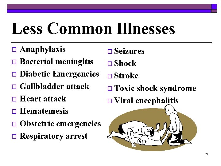 Less Common Illnesses o o o o Anaphylaxis Bacterial meningitis Diabetic Emergencies Gallbladder attack