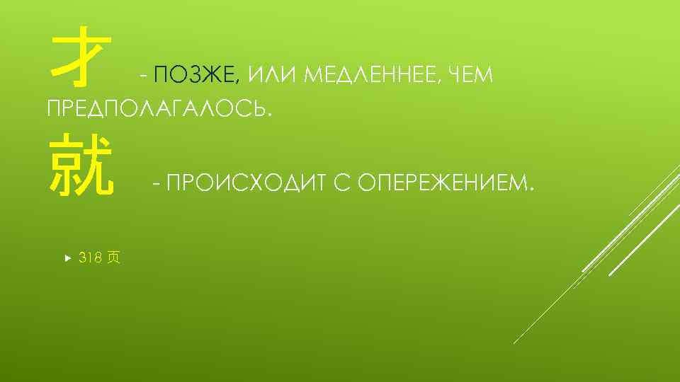 才 - ПОЗЖЕ, ИЛИ МЕДЛЕННЕЕ, ЧЕМ ПРЕДПОЛАГАЛОСЬ. 就 318 页 - ПРОИСХОДИТ С ОПЕРЕЖЕНИЕМ.