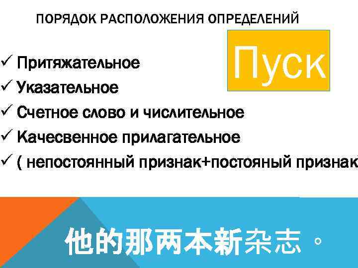 ПОРЯДОК РАСПОЛОЖЕНИЯ ОПРЕДЕЛЕНИЙ Пуск ü Притяжательное ü Указательное ü Счетное слово и числительное ü