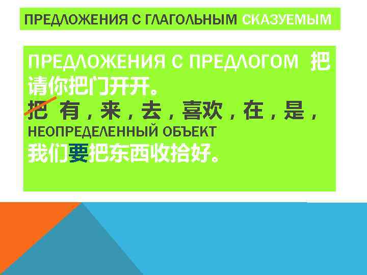 ПРЕДЛОЖЕНИЯ С ГЛАГОЛЬНЫМ СКАЗУЕМЫМ ПРЕДЛОЖЕНИЯ С ПРЕДЛОГОМ 把 请你把门开开。 把 有，来，去，喜欢，在，是， НЕОПРЕДЕЛЕННЫЙ ОБЪЕКТ 我们要把东西收拾好。