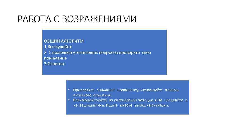 РАБОТА С ВОЗРАЖЕНИЯМИ ОБЩИЙ АЛГОРИТМ 1. Выслушайте 2. С помощью уточняющих вопросов проверьте свое