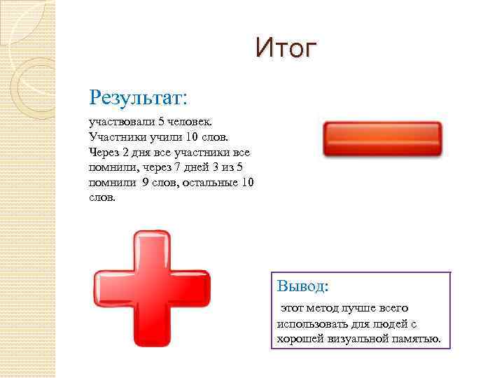 Итог Результат: участвовали 5 человек. Участники учили 10 слов. Через 2 дня все участники