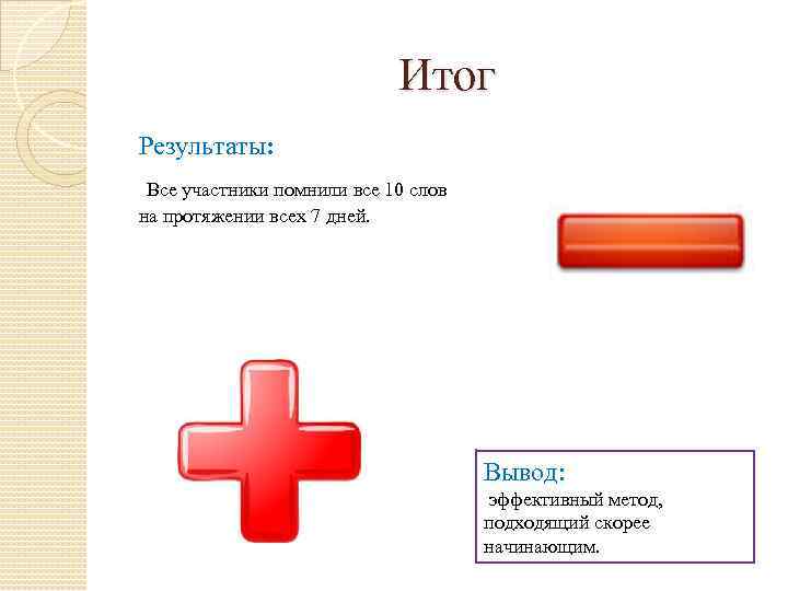 Итог Результаты: Все участники помнили все 10 слов на протяжении всех 7 дней. Вывод: