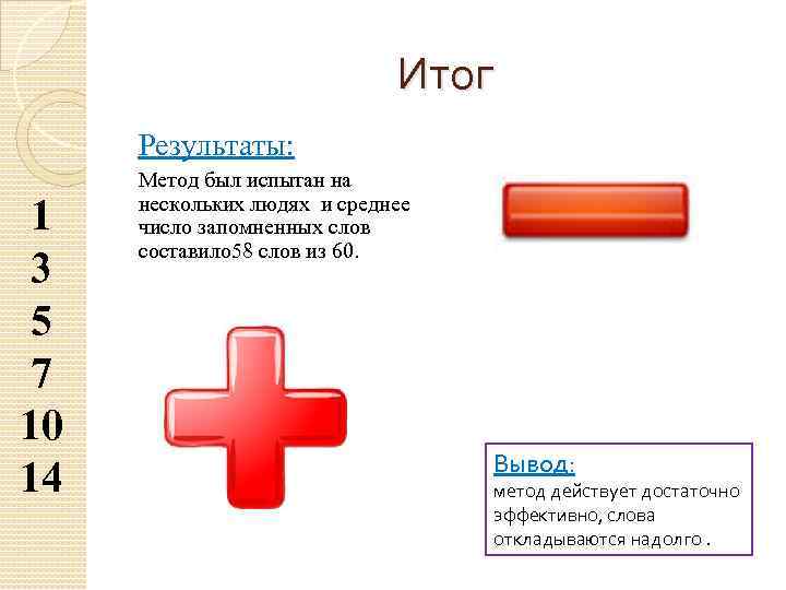 Итог Результаты: 1 3 5 7 10 14 Метод был испытан на нескольких людях