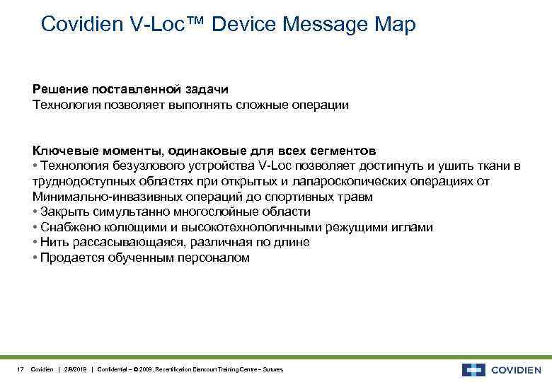 Covidien V-Loc™ Device Message Map Решение поставленной задачи Технология позволяет выполнять сложные операции Ключевые