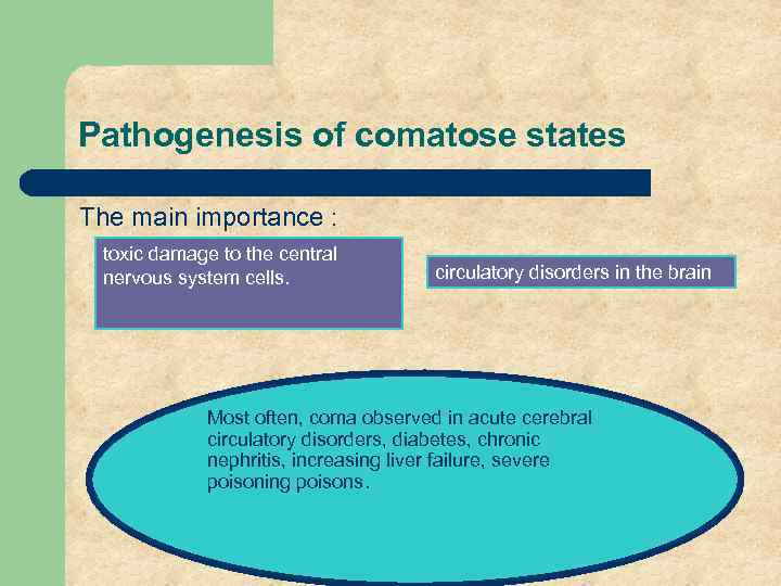 Pathogenesis of comatose states The main importance : toxic damage to the central nervous