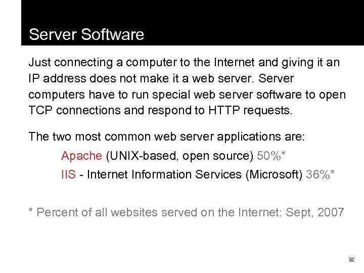Server Software Just connecting a computer to the Internet and giving it an IP