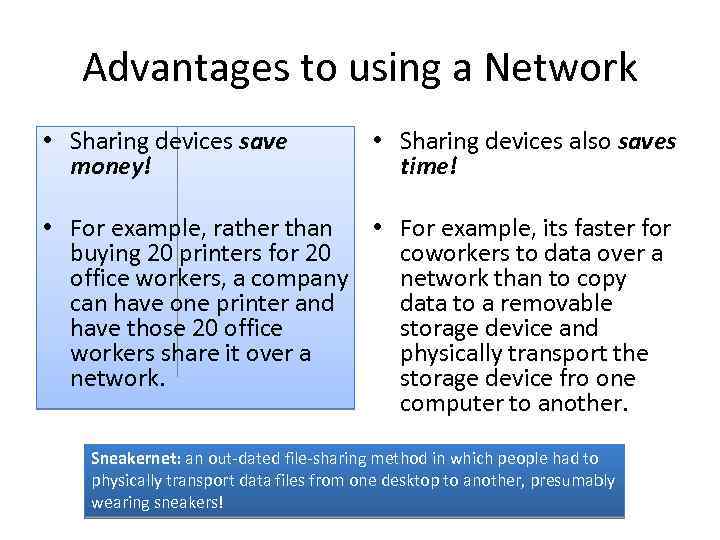 Advantages to using a Network • Sharing devices save money! • Sharing devices also