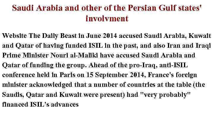 Saudi Arabia and other of the Persian Gulf states' involvment Website The Daily Beast