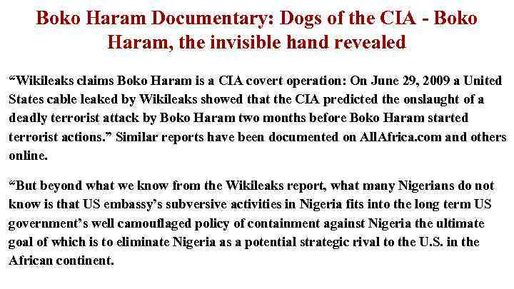 Boko Haram Documentary: Dogs of the CIA - Boko Haram, the invisible hand revealed