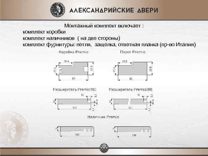 Монтажный комплект включает : комплект коробки комплект наличников ( на две стороны) комплект фурнитуры:
