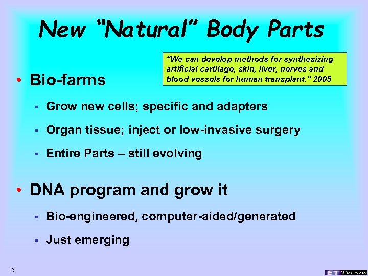 New “Natural” Body Parts • Bio-farms “We can develop methods for synthesizing artificial cartilage,