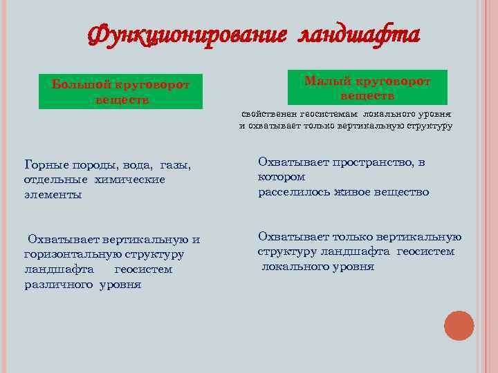 Функционирование ландшафта Большой круговорот веществ Малый круговорот веществ свойственен геосистемам локального уровня и охватывает