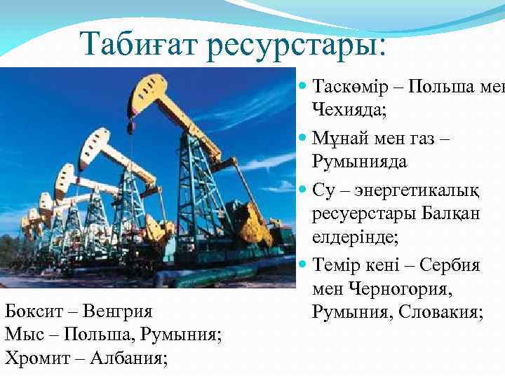 Табиғат ресурстары: Боксит – Венгрия Мыс – Польша, Румыния; Хромит – Албания; Таскөмір –
