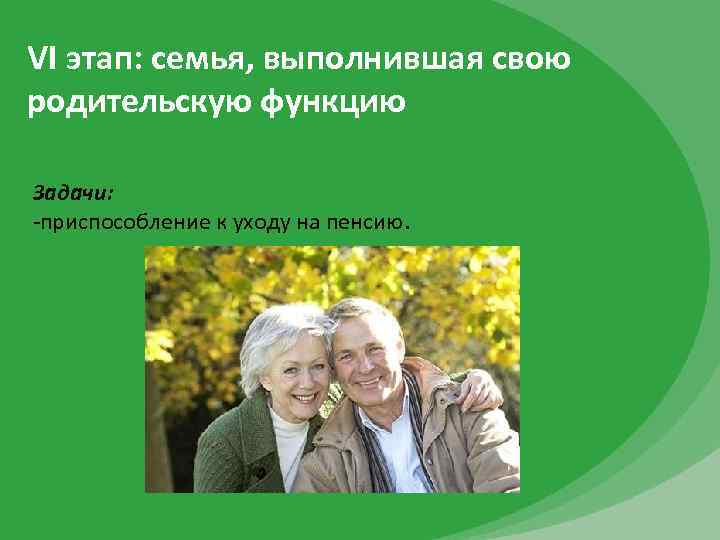 VI этап: семья, выполнившая свою родительскую функцию Задачи: -приспособление к уходу на пенсию. 