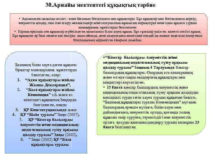 30. Арнайы мектептегі құқықтық тәрбие • Адамның ең маңызды игілігі - жеке басының бостандығы