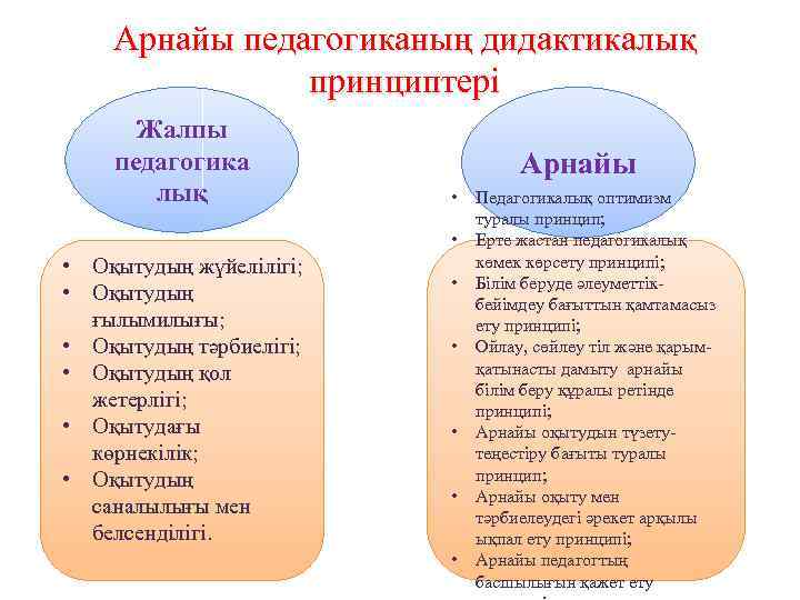 Арнайы педагогиканың дидактикалық принциптері Жалпы педагогика лық Арнайы • • • Оқытудың жүйелілігі; •