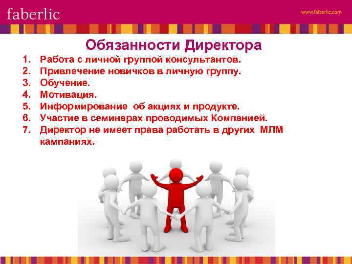 Обязанности Директора 1. 2. 3. 4. 5. 6. 7. Работа с личной группой консультантов.