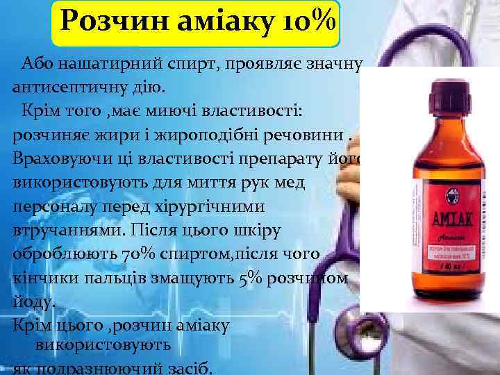 Розчин аміаку 10% Або нашатирний спирт, проявляє значну антисептичну дію. Крім того , має