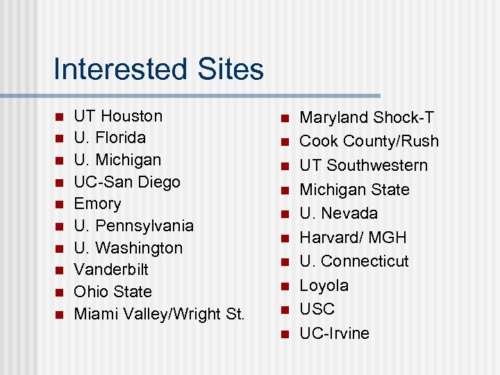 Interested Sites n n n n n UT Houston U. Florida U. Michigan UC-San
