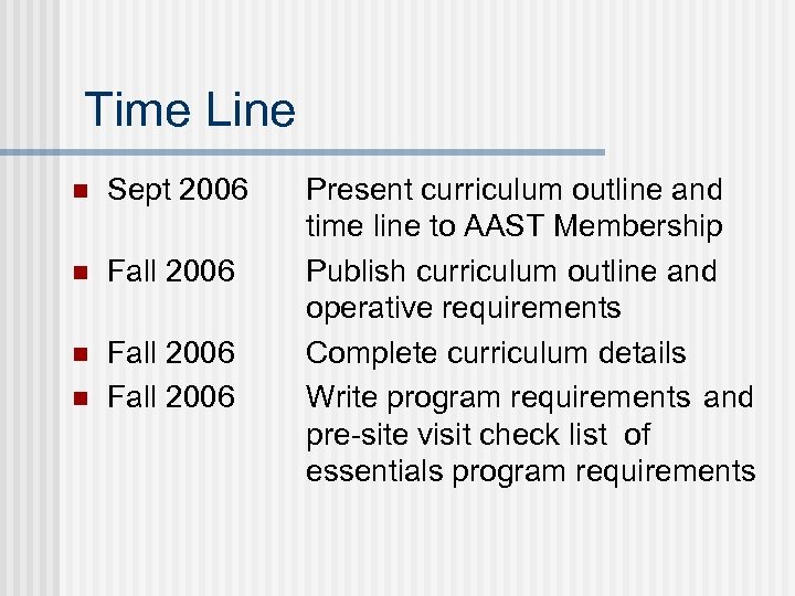 Time Line n Sept 2006 n Fall 2006 n Present curriculum outline and time