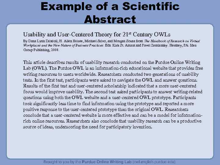 Example of a Scientific Abstract Usability and User-Centered Theory for 21 st Century OWLs