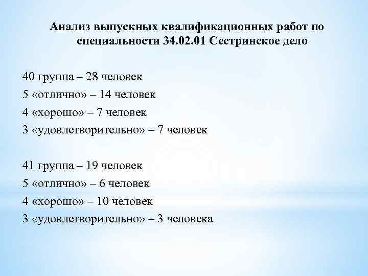 Анализ выпускных квалификационных работ по специальности 34. 02. 01 Сестринское дело 40 группа –