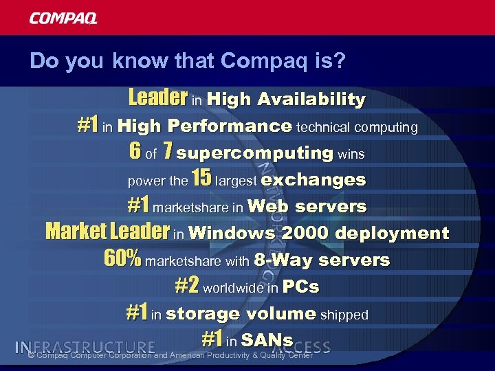 Do you know that Compaq is? Leader in High Availability #1 in High Performance