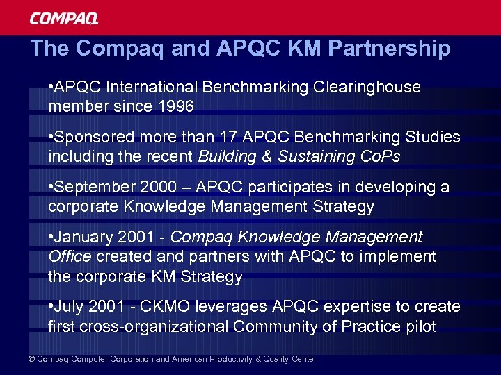 The Compaq and APQC KM Partnership • APQC International Benchmarking Clearinghouse member since 1996