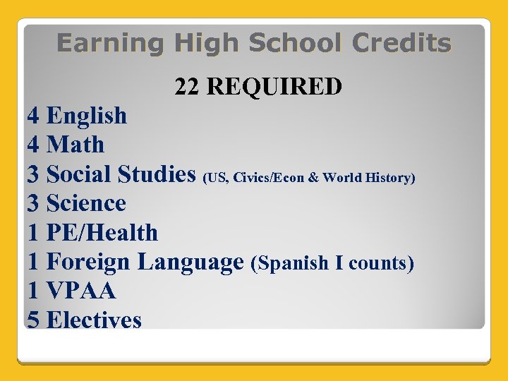 Earning High School Credits 22 REQUIRED 4 English 4 Math 3 Social Studies (US,
