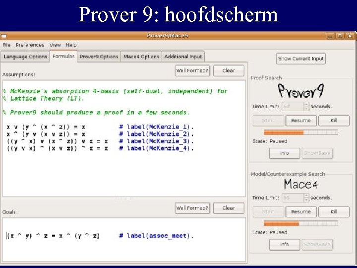 Prover 9: hoofdscherm 