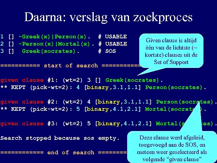 Daarna: verslag van zoekproces 1 [] -Greek(x)|Person(x). # USABLE 2 [] -Person(x)|Mortal(x). # USABLE