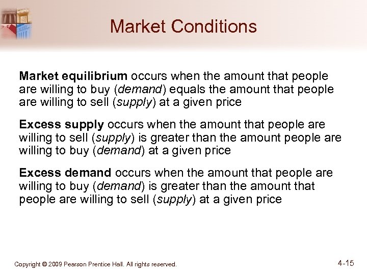 Market Conditions Market equilibrium occurs when the amount that people are willing to buy